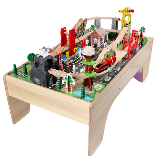 New Wooden 100-Piece Overpass Track City Traffic Electric Locomotive Creative Elevator Toy