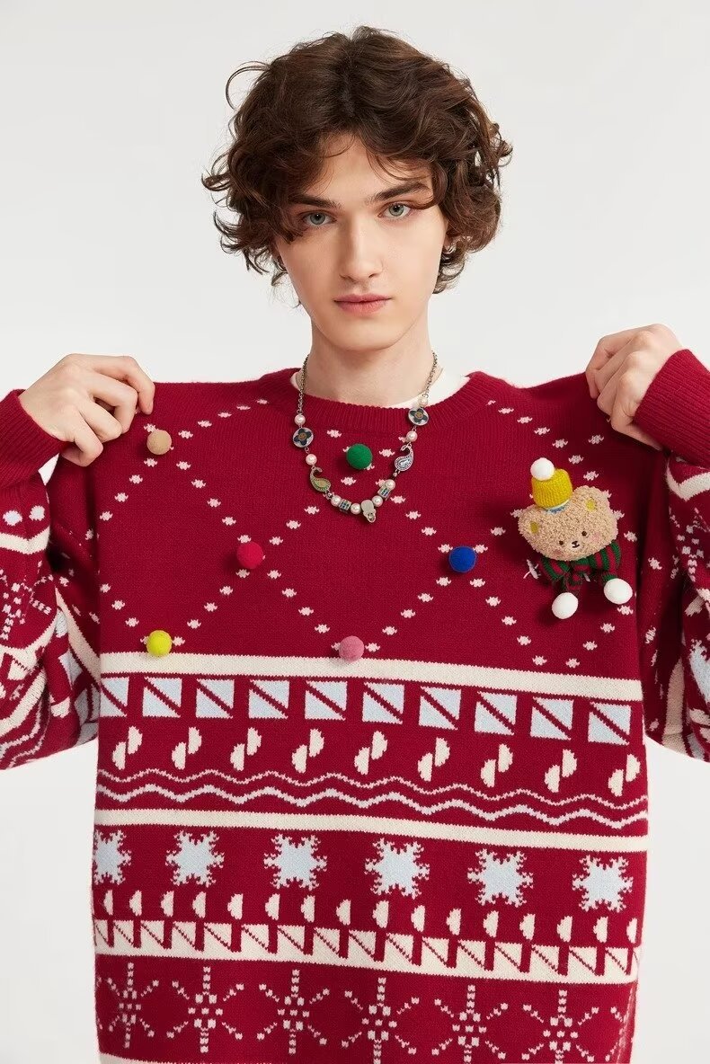 Men's Sweater Knitted Pullover Round Neck Autumn Winter Red Tops_voghion.com