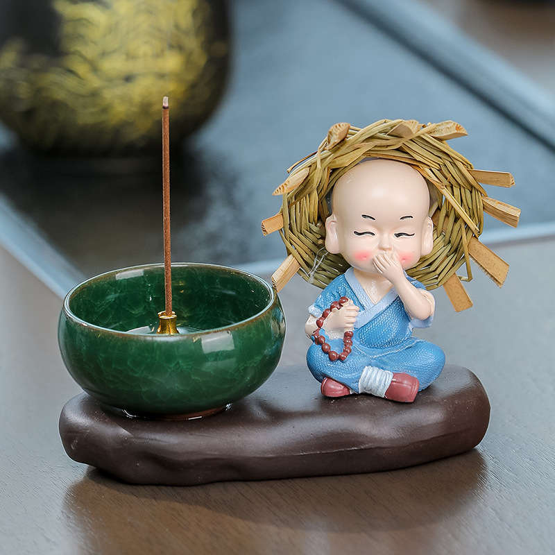 家用室内香炉茶道陶瓷工艺线香檀香炉香插小和尚家居摆件香炉盘新