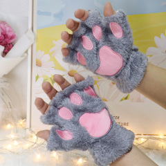2023 Cat Claw Gloves Girls Fingerless Gloves Winter Cute Cartoon Cat Thickened Plush Bear Paw Half Finger Gloves