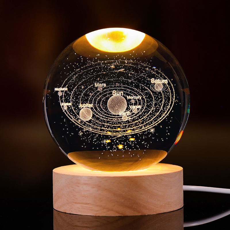 Bola de cristal luminosa lámpara de noche 3D esculpida estrella base de madera sólida regalo de cumpleaños decoración de escritorio creativa