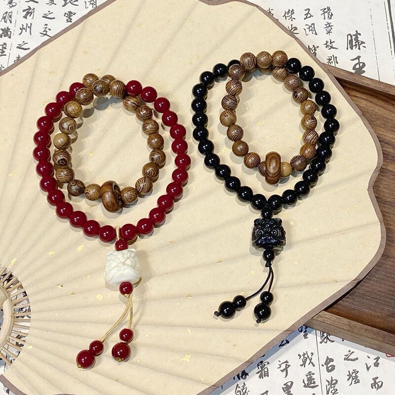 New Chinese Style Couple Style Lion Dance Wood Glass Bead Double Circle Niche National Style High Fashion Bracelet New Style