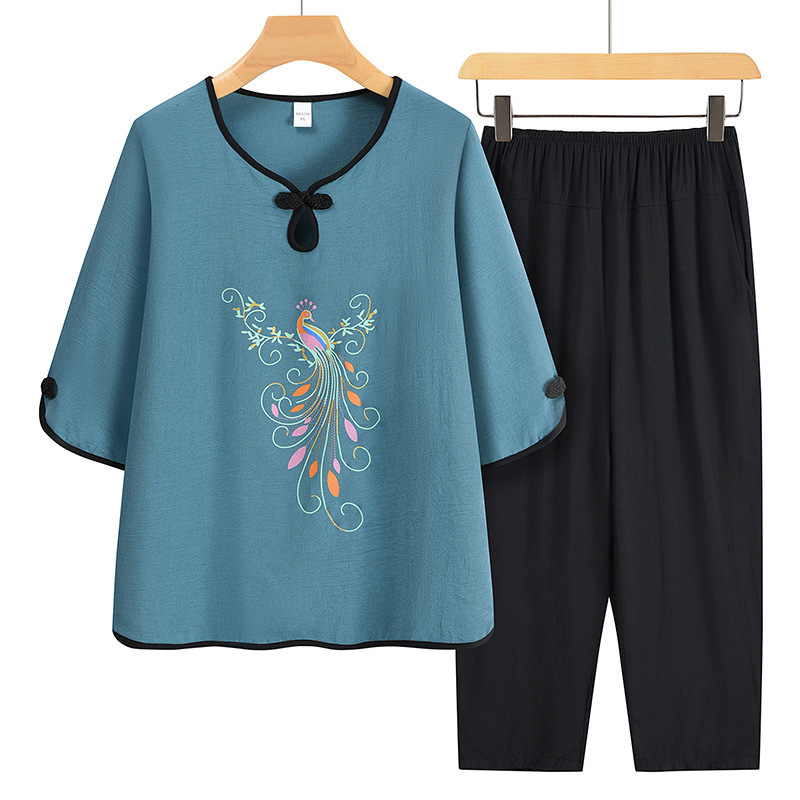 Summer Clothes Middle-aged and Elderly Grandma Loose suit Mother Printed T-shirt Old Lady Clothes Two-piece Set Custom