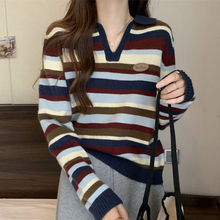 宽松显瘦80-200斤秋冬韩版POLO领上衣条纹女针织衫慵懒风穿搭毛衣