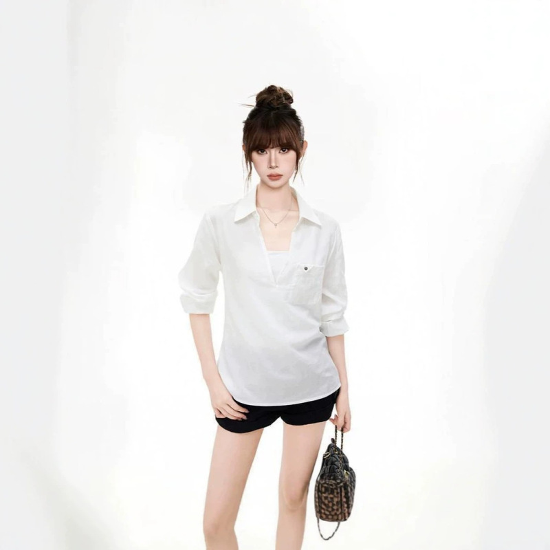 Korean-Style Tencel Shirt, Summer V-Neck, White, Breathable, Slim-Fit, Single-Button, Slimming Design, Casual Commuter Top Korean-Style Tencel Shirt, Summer V-Neck, White, Breathable, Slim-Fit, Single-Button, Slimming Design, Casual Commuter Top