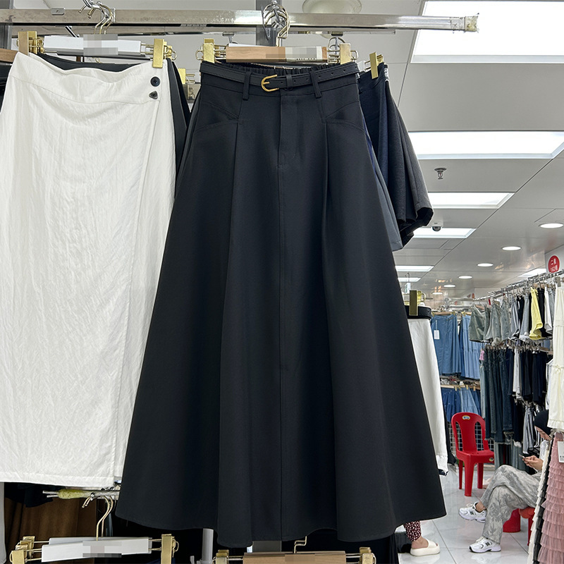 韩系灰色西装百褶半身裙女2025春秋新款复古高腰A字大摆长裙|undefined