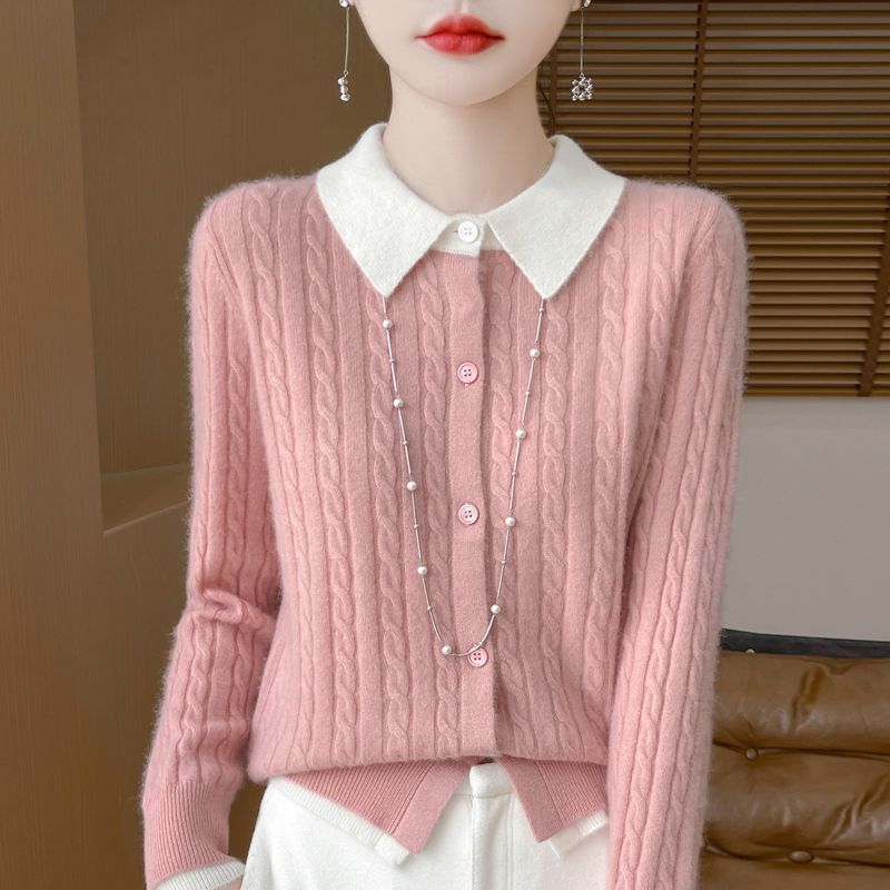 Contrast Color French Round Neck Spring & Fall Knitted Cardigan for Women, Lazy Loose Sweater Jacket with Soft Waxy Top