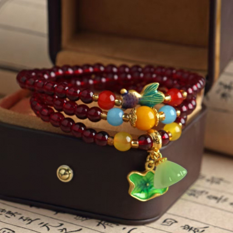 石榴石多圈手链仿石榴石女士多圈手串酒红配金貔貅景泰蓝配饰直播