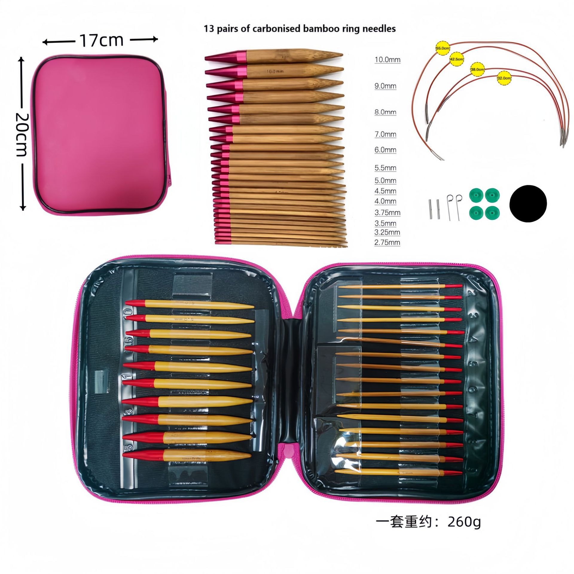 El conjunto de aguja de anillo desmontable cambia la cuerda colorida varilla de tejido aguja alargada pu herramienta de tejido carbonizada aguja de bambú anillo