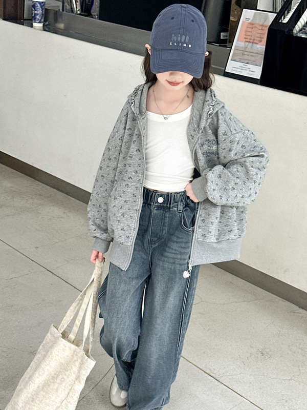 女童外套秋装2025新款儿童洋气碎花大童女孩宽松连帽开衫卫衣批发|undefined