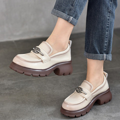 真皮英倫風樂福鞋松糕厚底一腳蹬單鞋2024春夏新款金屬扣粗跟女鞋