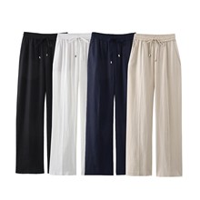 外贸货源欧美风2025夏季新款女装宽松休闲百搭高腰系带亚麻直筒裤
