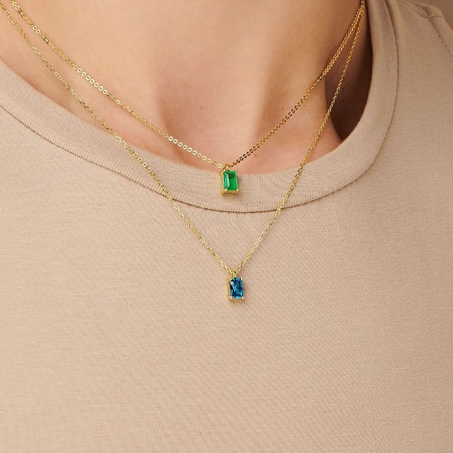 Fashion Simple Rectangular Zircon Pendant  Plated 18K Real Gold Color Retention Copper Necklace