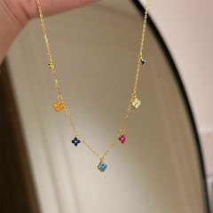 S925 スターリングシルバーモネガーデンラッキー四つ葉のクローバーレインボーネックレスセット文学レトロハイエンド気質アクセサリー