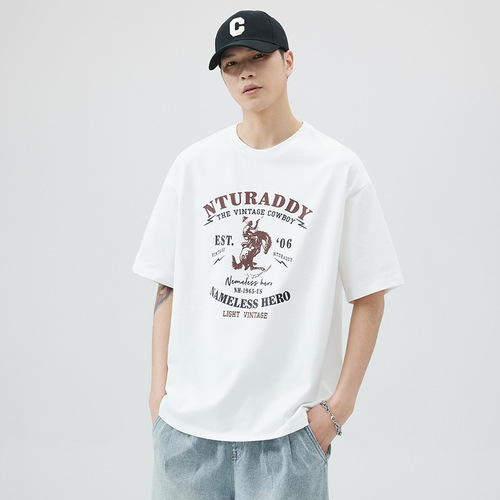 Summer pure cotton loose short sleeve t-shirt for men, American minimalist versatile trendy brand Ins round neck top base t-shirt