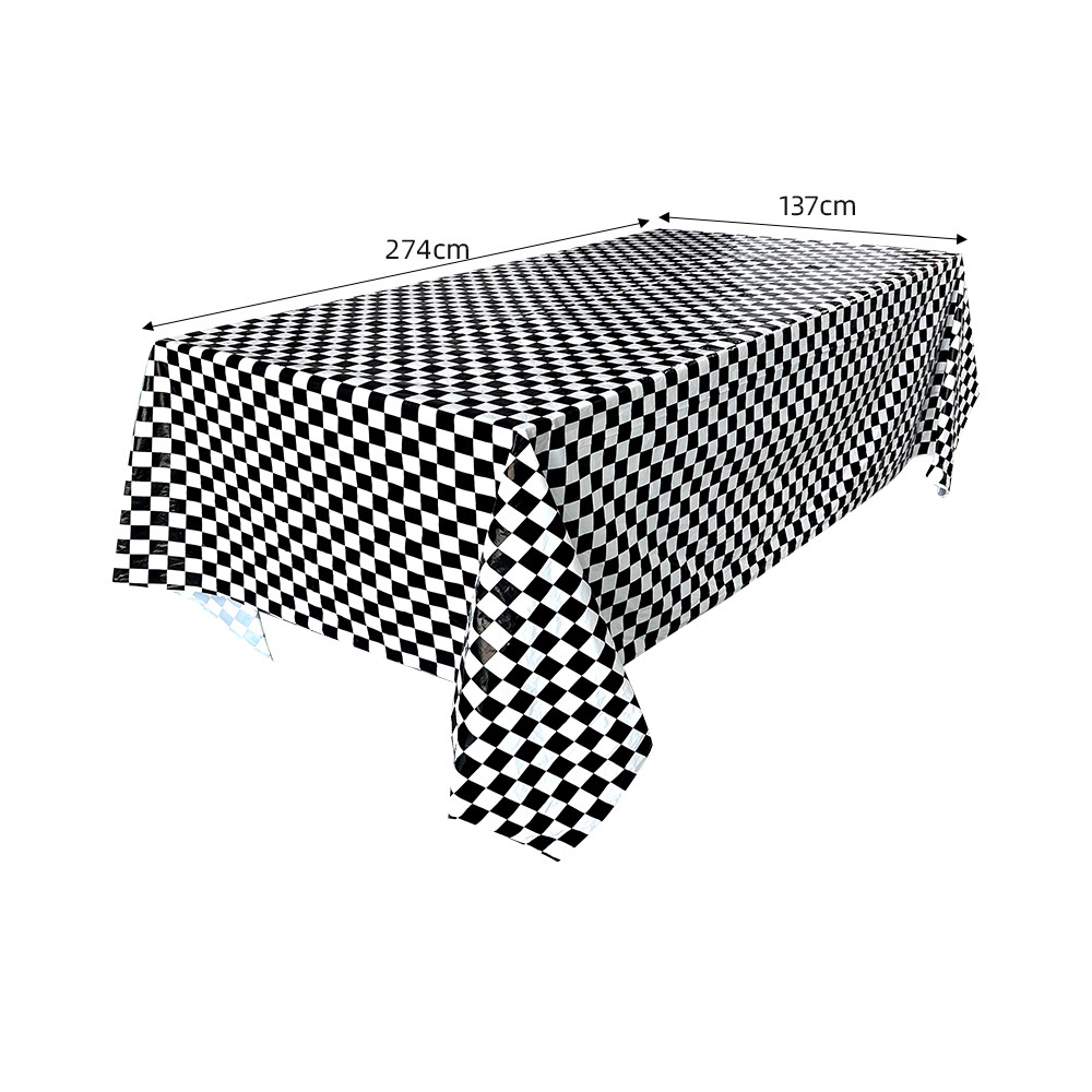 Suministros de decoración para fiestas de carreras, mantel desechable de peva engrosado con tablero de ajedrez, venta al por mayor, mantel impermeable, PE a cuadros blanco y negro