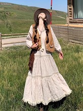 波西米亚白色长袖连衣裙女早秋美拉德民族风海边度假棉麻长裙套装