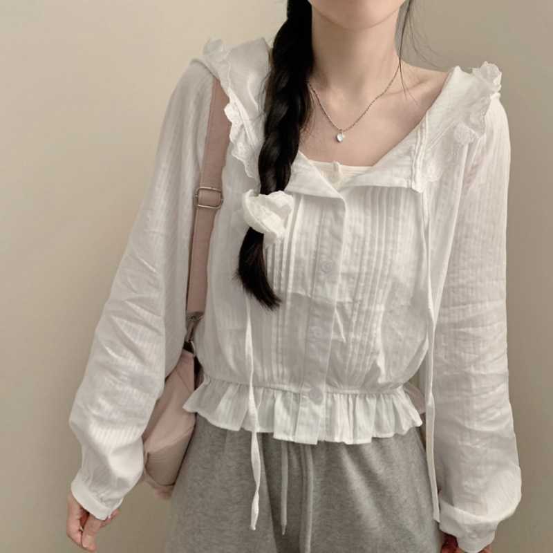 2025 Early Autumn Long-Sleeved Cotton Shirt Women's Chic Hooded Waist Top T-Shirt Women