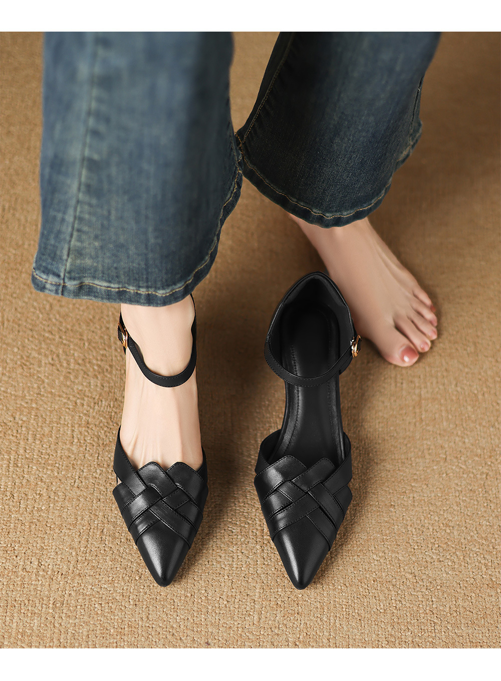 Giày sandal cao gót nữ quai ngang mũi nhọn da cừu gót 5,5 cm — đen chi tiết 2
