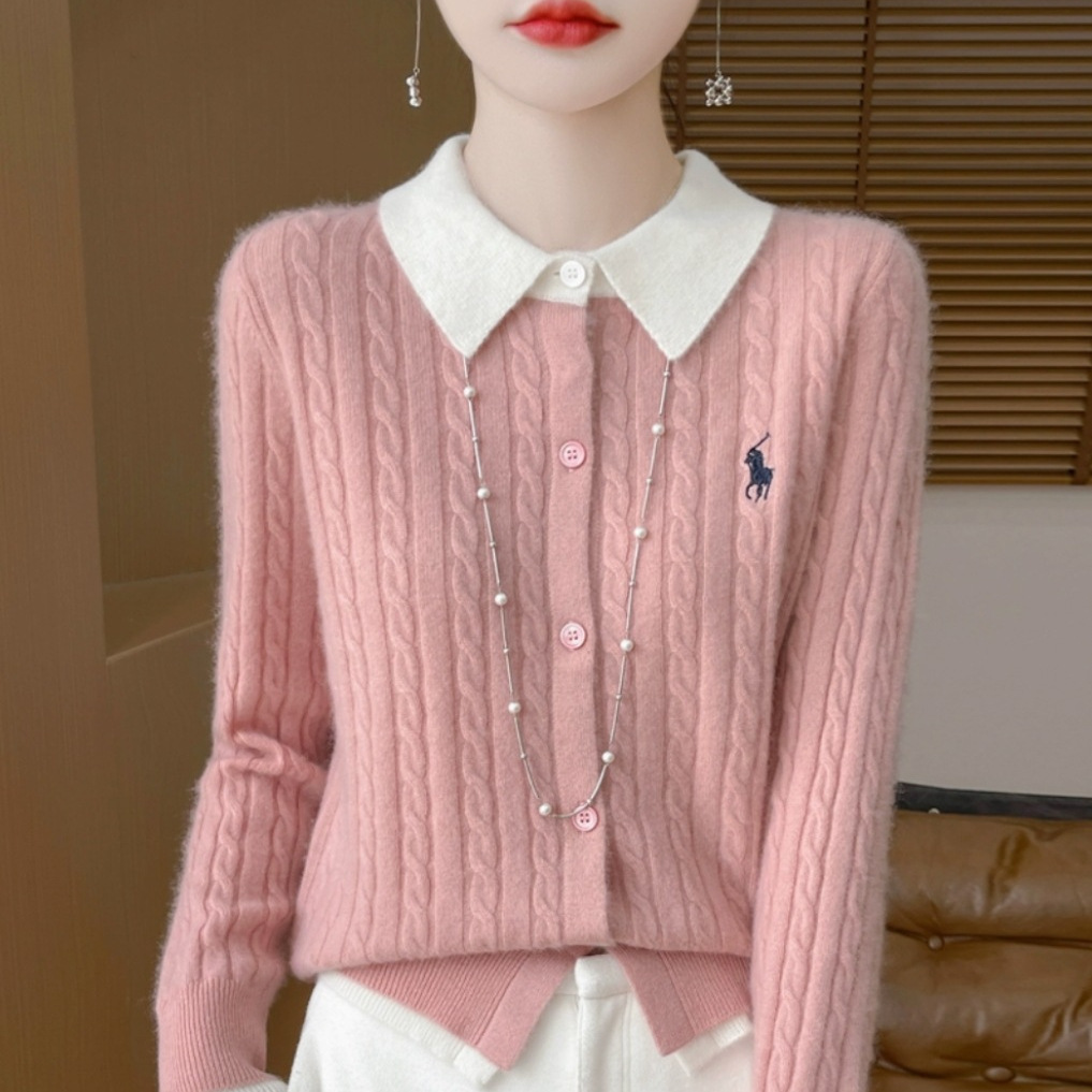 우아한 올 매치 페이크 투피스 카디건 여성용 빈티지 옷깃 컬러 매칭 자수 트위스트 스웨터 루즈 니트 코트 탑