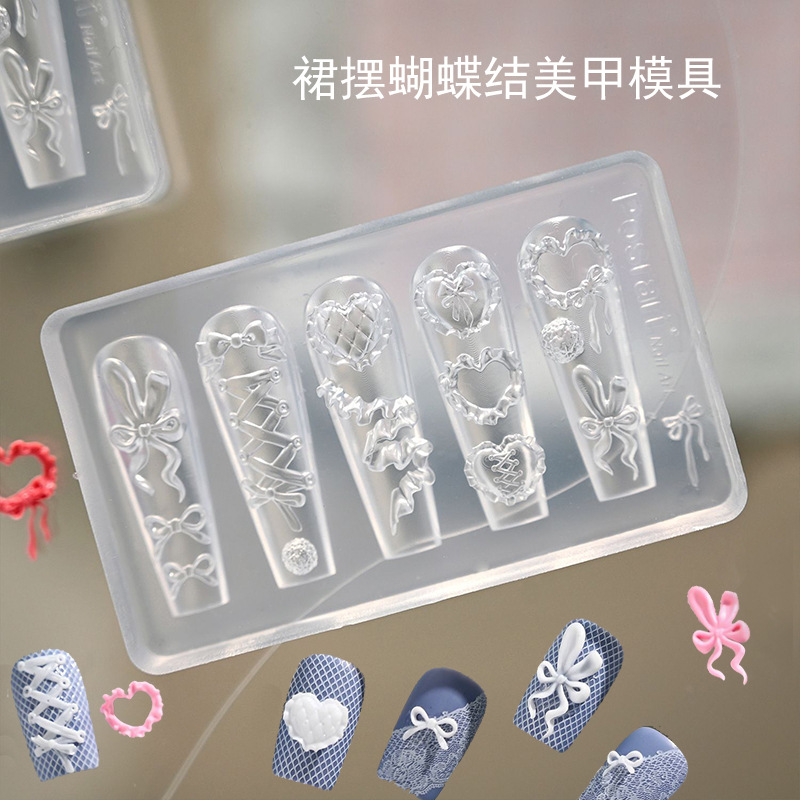 Embossed nail art mold with skirt and bow design, wearable nail decoration, made of high-transparency, oxidation-resistant silicone mold