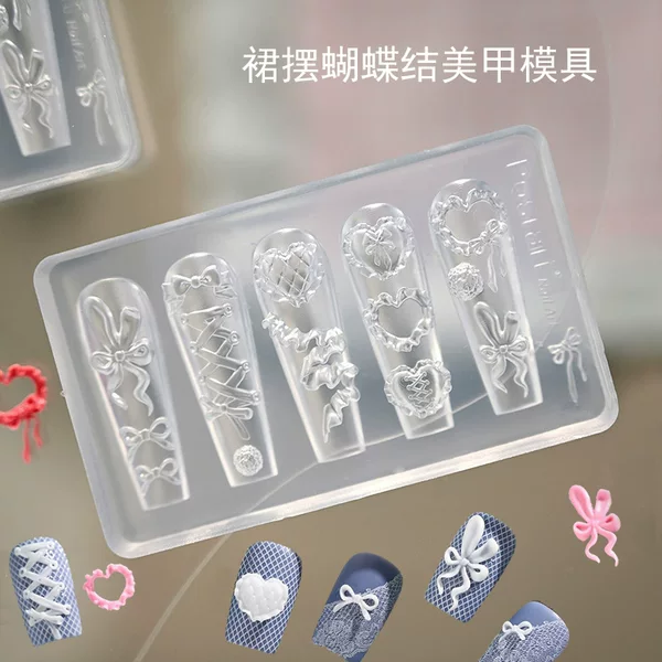 Embossed nail art mold with skirt and bow design, wearable nail decoration, made of high-transparency, oxidation-resistant silicone mold