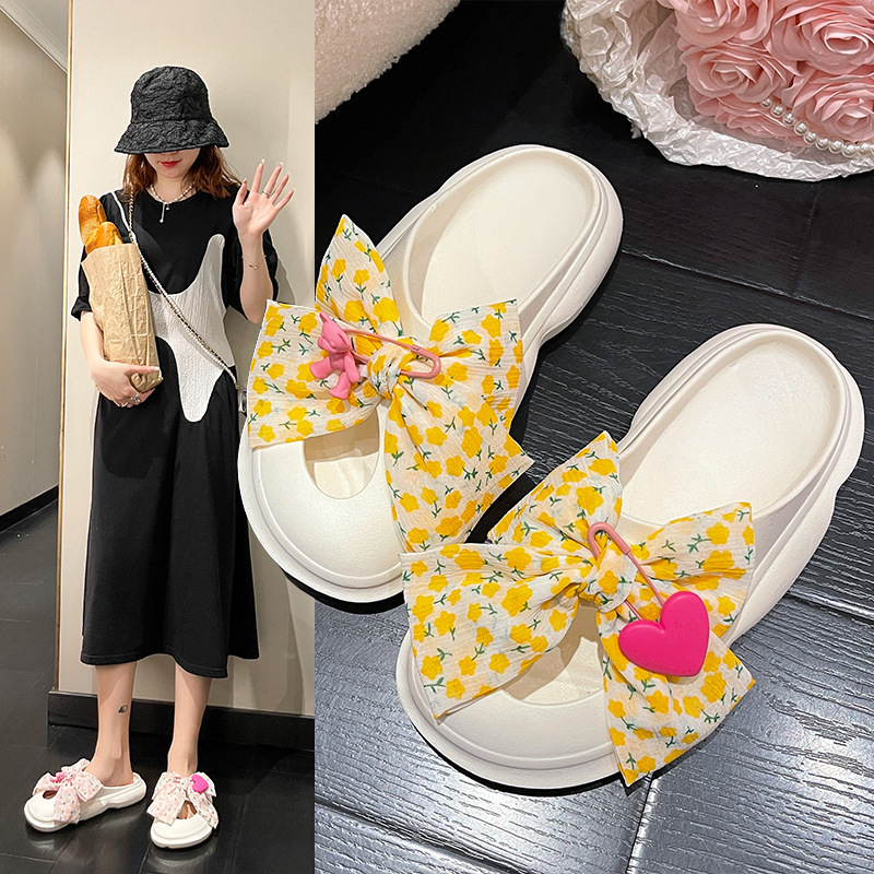 Fresh Style Bow Floral Slippers Women's Outfit Spring/Summer 2022 New Style Baotou Bow Beach Hole Shoes