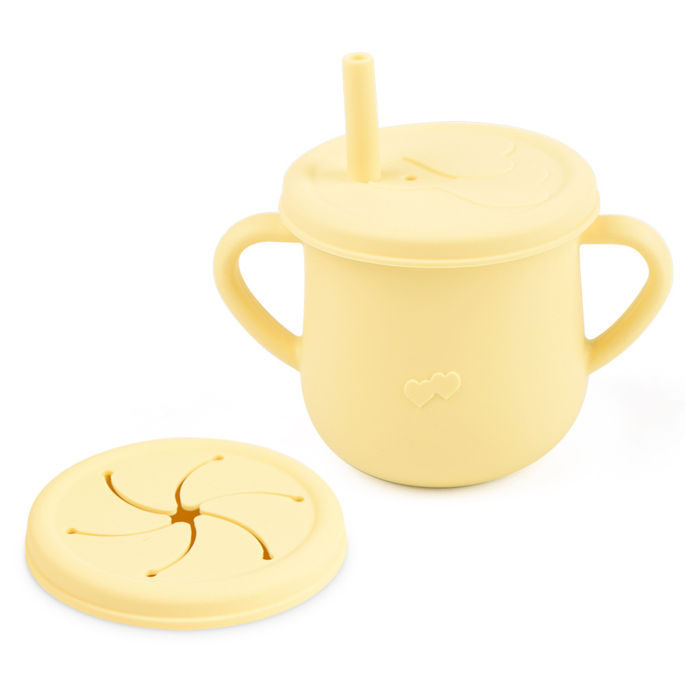 Silicona de grado alimenticio para niños snack Cup mango binaural portátil resistente a la caída con taza de paja de bebé taza de bebida de silicona