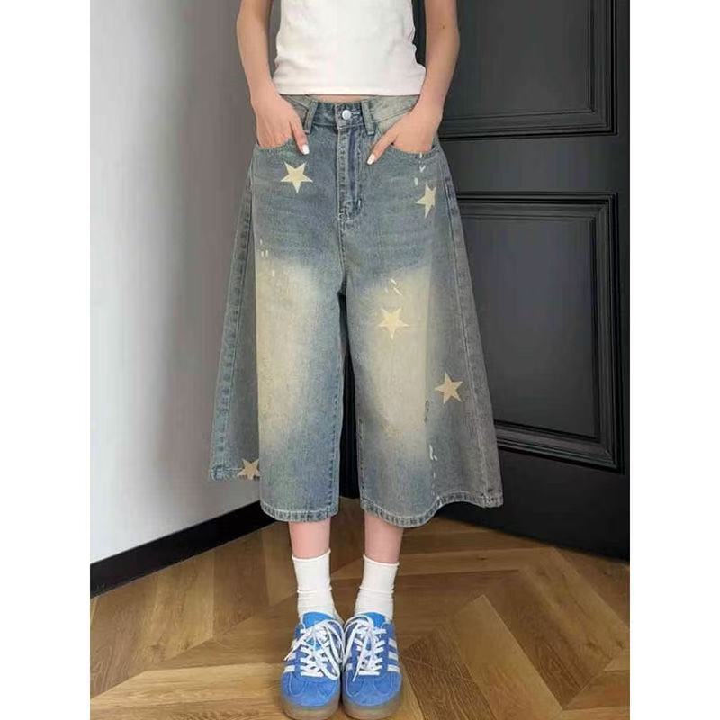 Plus-Size Denim Capri Shorts for Women, Summer New Style, American Retro Distressed Star Print, Loose Fit for Curvy Women Plus-Size Denim Capri Shorts for Women, Summer New Style, American Retro Distressed Star Print, Loose Fit for Curvy Women