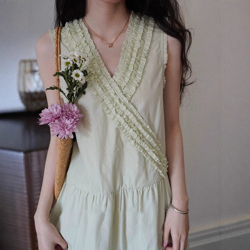 2026 French-Style Ruffled Cross-Collar Front and Back Convertible Dress Lemon Cream Tank Dress C0351