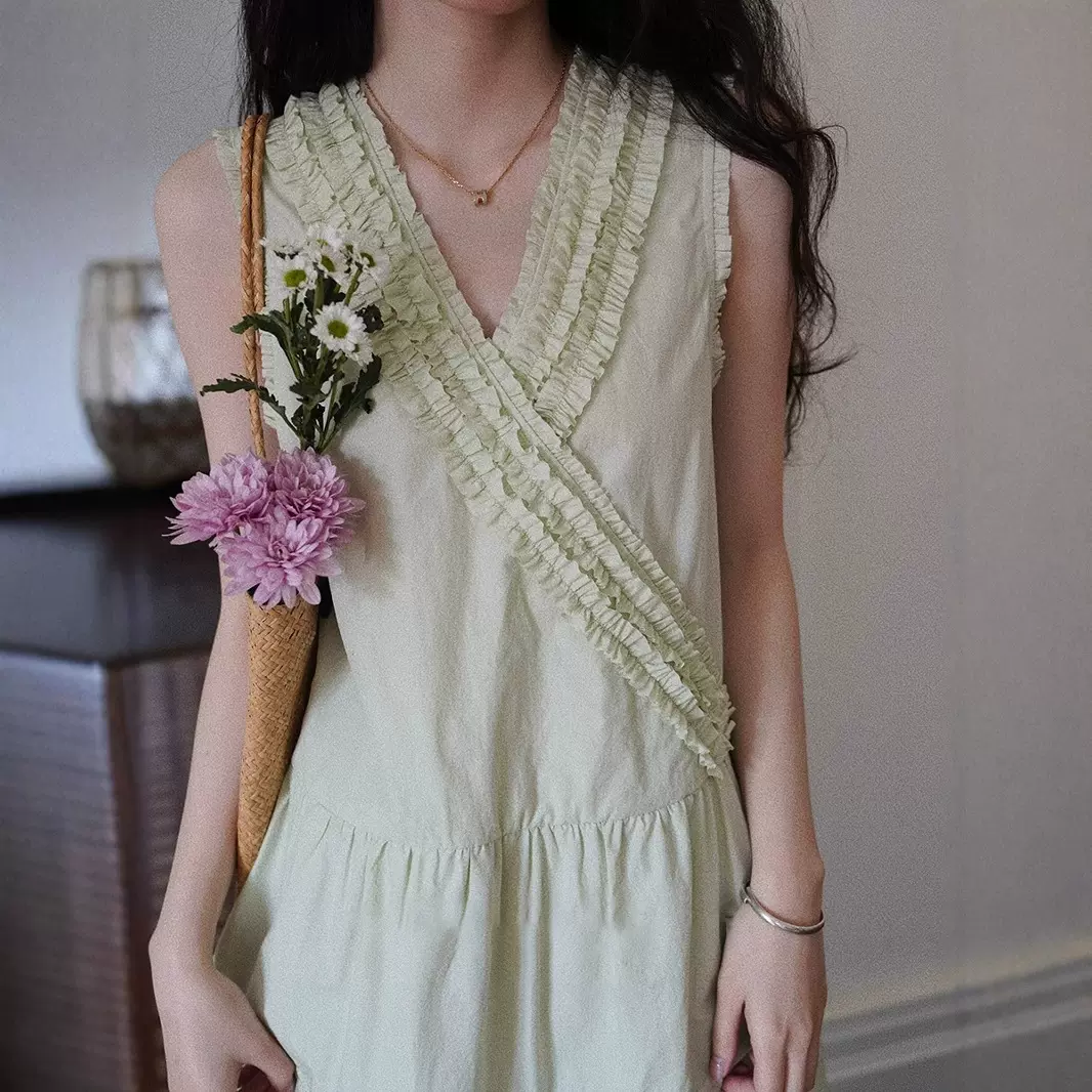 法式木耳边交叉领前后两穿裙子女夏连衣裙 柠檬奶油 背心裙C0351