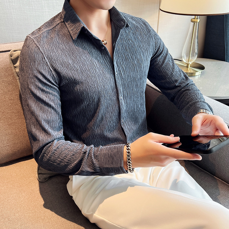 2022 new men's wrinkle craft slim-fit long-sleeved shirt Korean style light mature men's casual shirt men's hair generation