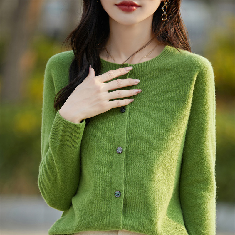 Osmanthus Needle Readymade Garment Knitted Cardigan Women's Autumn and Winter Korean-style Round Neck Base Shirt Solid Color Coat Sweater