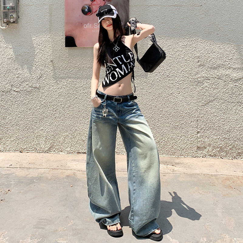 Mu Hanshe 2025 Spring and Summer Light-Colored Washed Stereo Whiskers Low-Waist Straight Jeans Loose Wide-Leg Pants