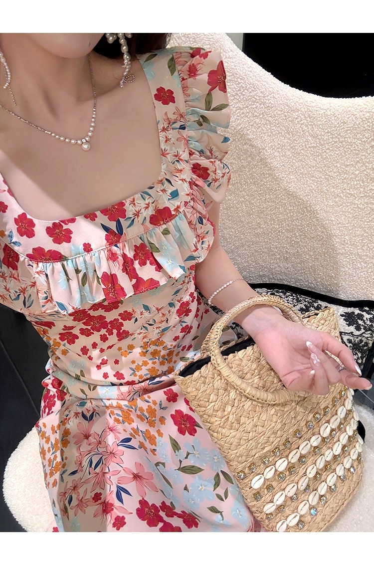 Váy liền cổ vuông bèo nhún hoa phong cách Pháp — màu sắc chi tiết 1