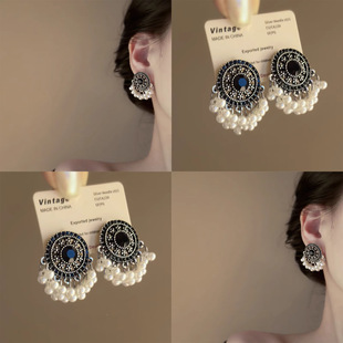 Ретро серебряная игла, этнические модные небольшие дизайнерские серьги с кисточками из жемчуга, стиль бохо, этнический стиль, тренд сезона