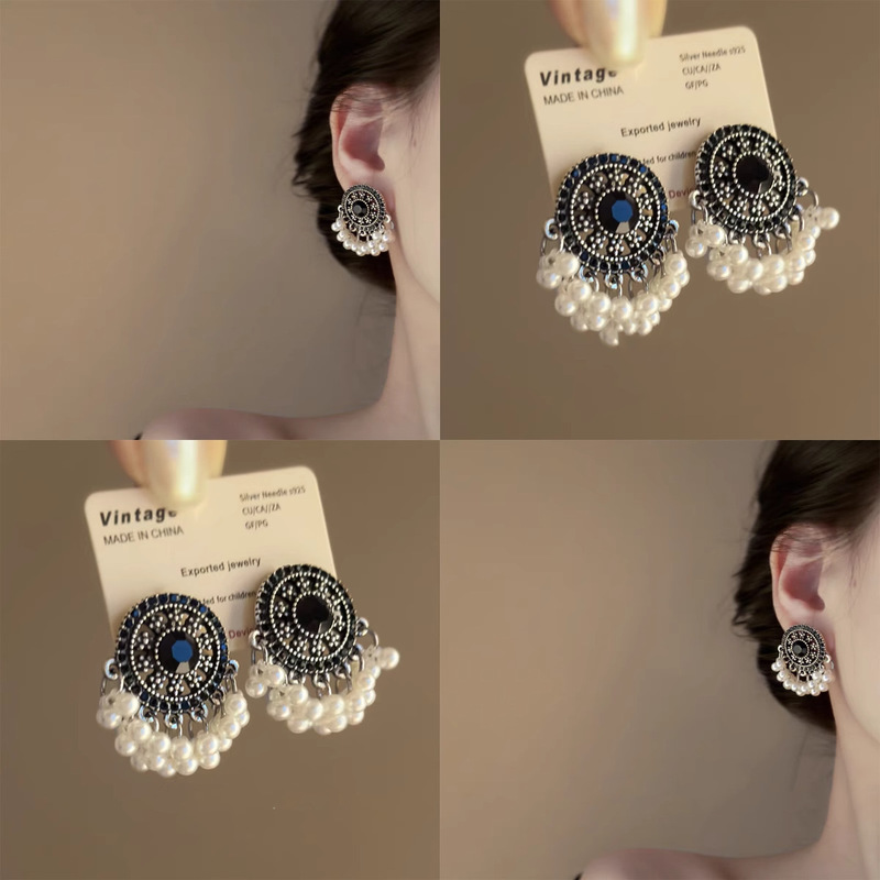 Silver Needle Retro Geometric Tassel Pearl Earrings Bohemian Ethnic Style Fashion Earrings Niche Design Earrings