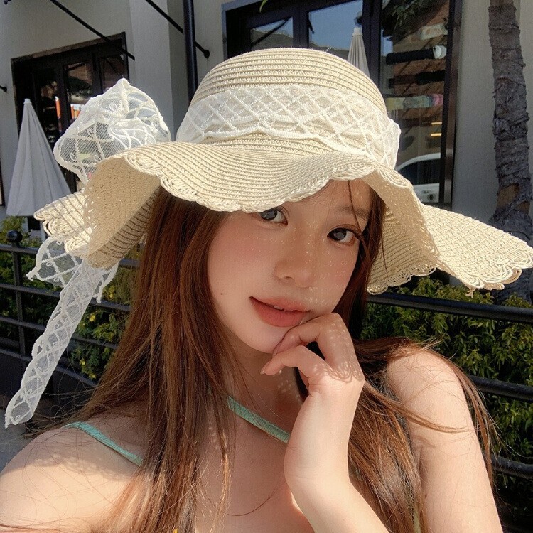 French Lace Bow Strap Straw Hat for Women Summer Vacation Seaside Beach Hat Sun Protection Large Brim Sun Hat