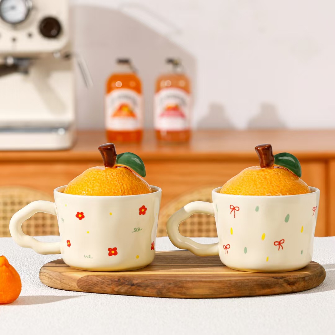 Yuanqi naranja chica taza de marca con tapa taza de cerámica de alto valor facial, regalo para amigos, taza de regalo de mano