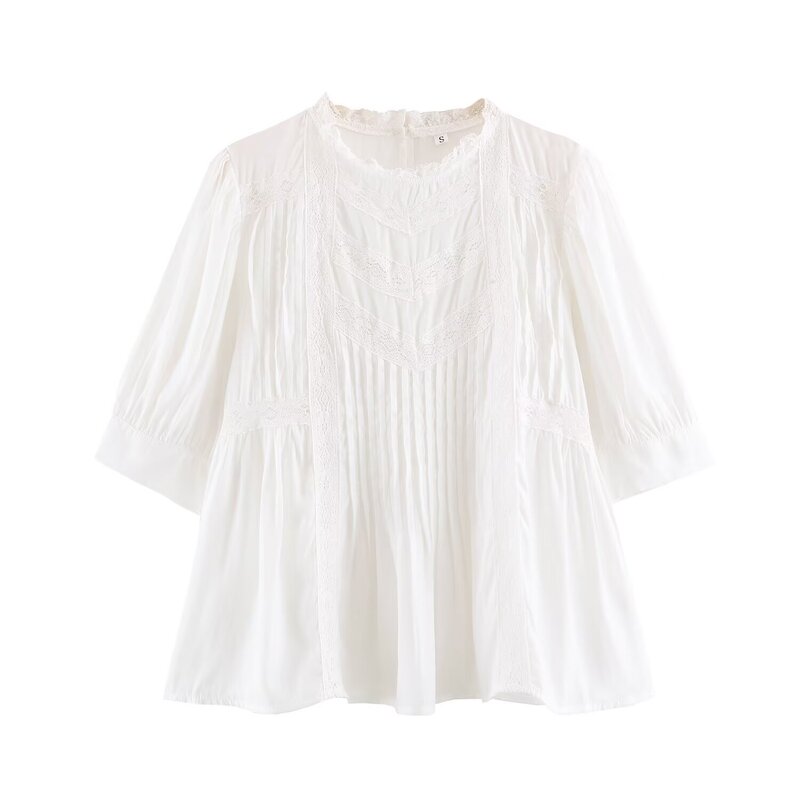 2026 Summer Ins Women's White Loose Pleated Lace Shirt 0322 2026 Summer Ins Women's White Loose Pleated Lace Shirt 0322