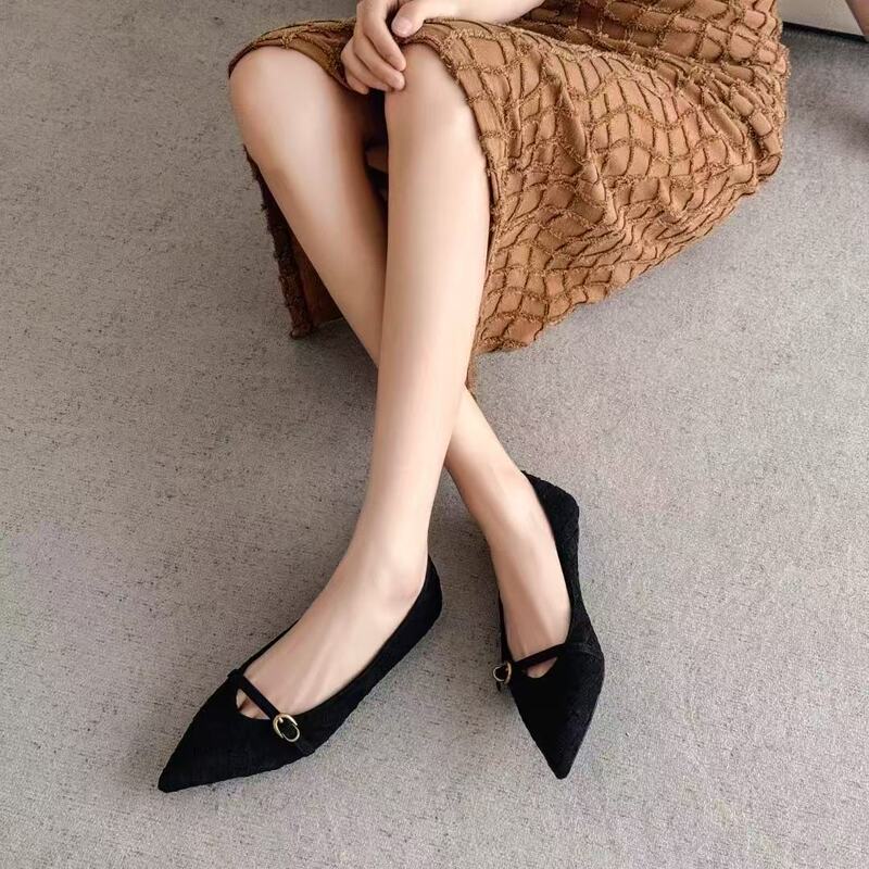 朱朱家2025秋季新手工编织气质尖头一字扣平底女鞋浅口26B3266|undefined