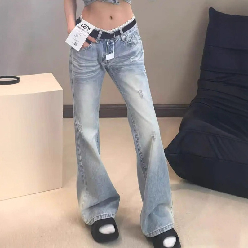 Lace Splicing Micro-Flared 2025 New Light Blue Washed Low-Waist Slim Versatile Casual Flared Jeans for Women