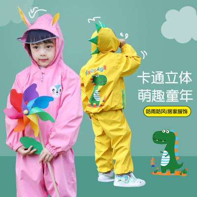 children Raincoat Rain pants suit waterproof whole body Cartoon men and women kindergarten pupil Split thickening Poncho