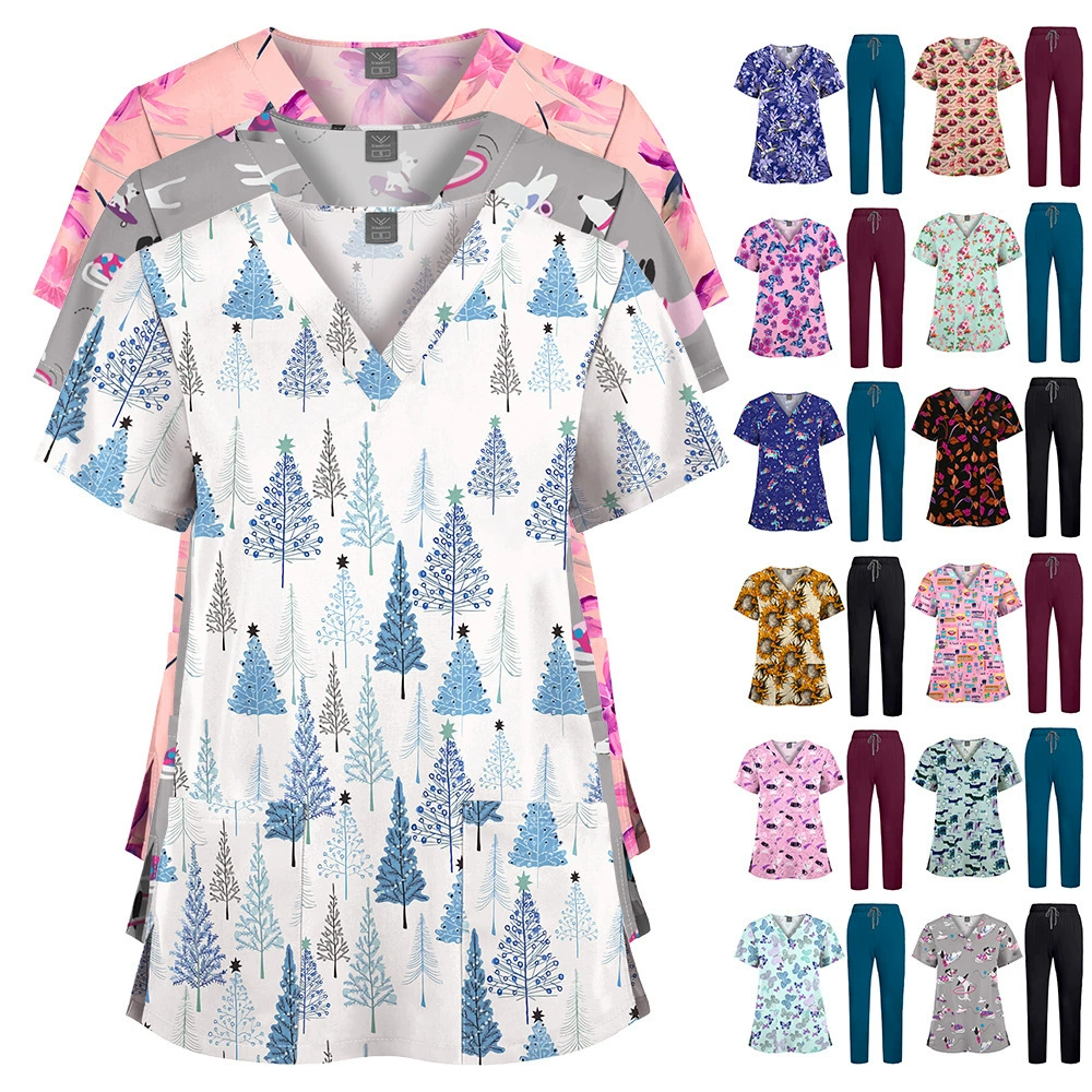 Лидер продаж, новая одежда для мытья рук с принтом, однотонные брюки, костюм, униформа медсестры, рабочая одежда для врача, больницы, клиники, комплект из двух предметов