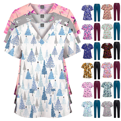 Hot-selling new products, printed hand clothes, solid color pants set, nurse clothes, doctor's hospital, clinic work clothes, two-piece set
