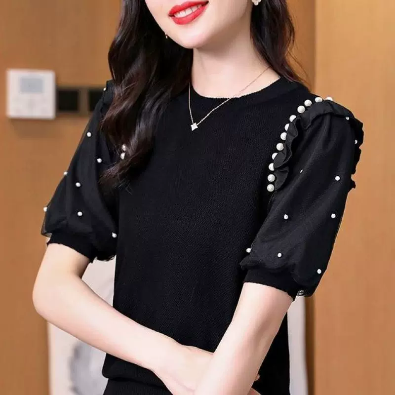 冰丝短袖恤女2024夏新款年轻妈妈洋气雪纺袖拼接圆领针织衫上衣