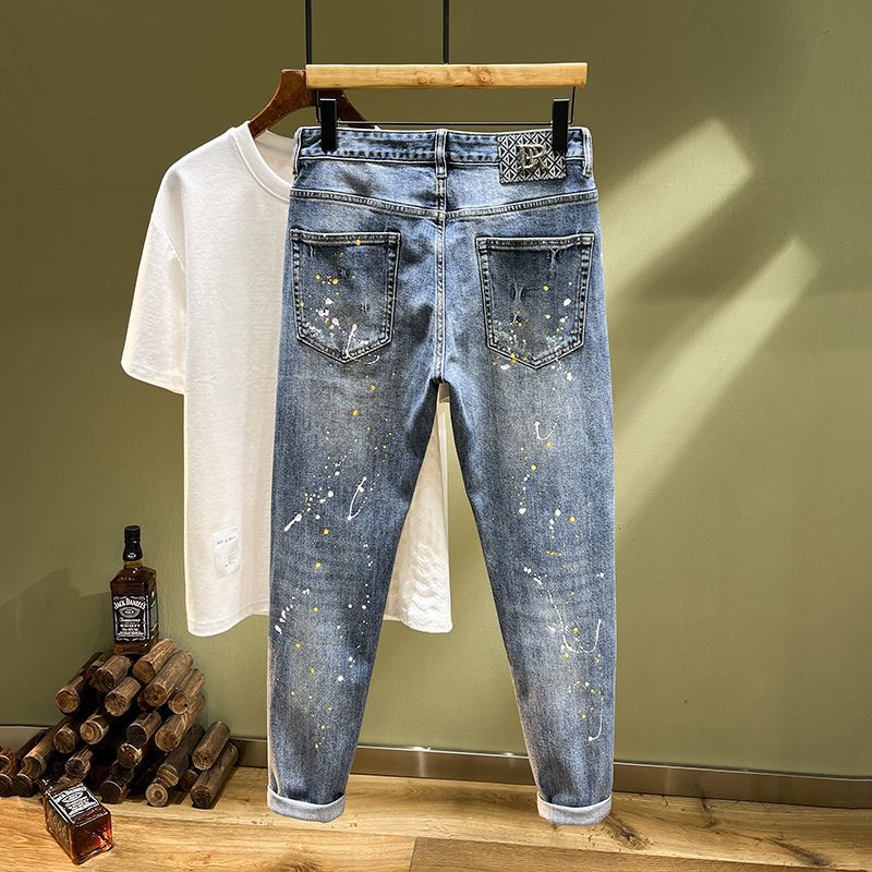Ripped Jeans Men's Trendy Brand Summer New Elastic Slim Fit Skinny Ink Splash Trendy Versatile Casual Cropped Pants