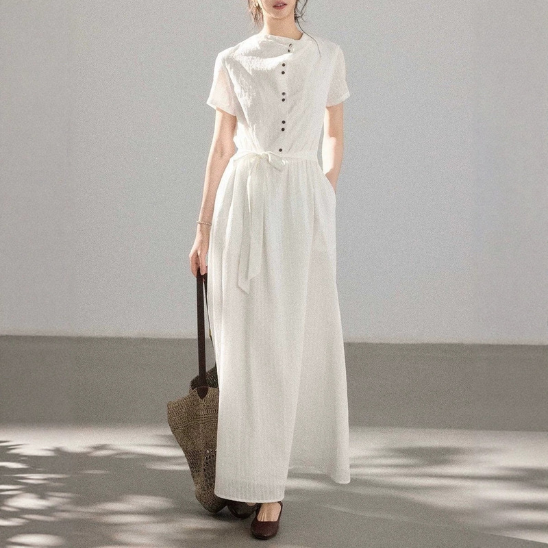 Eryang Design【Spring Return】100% Cotton Minimalist Commuter Style Dress for Women with Stand Collar, Buttoned High Waist Long Dress Eryang Design【Spring Return】100% Cotton Minimalist Commuter Style Dress for Women with Stand Collar, Buttoned High Waist Long Dress