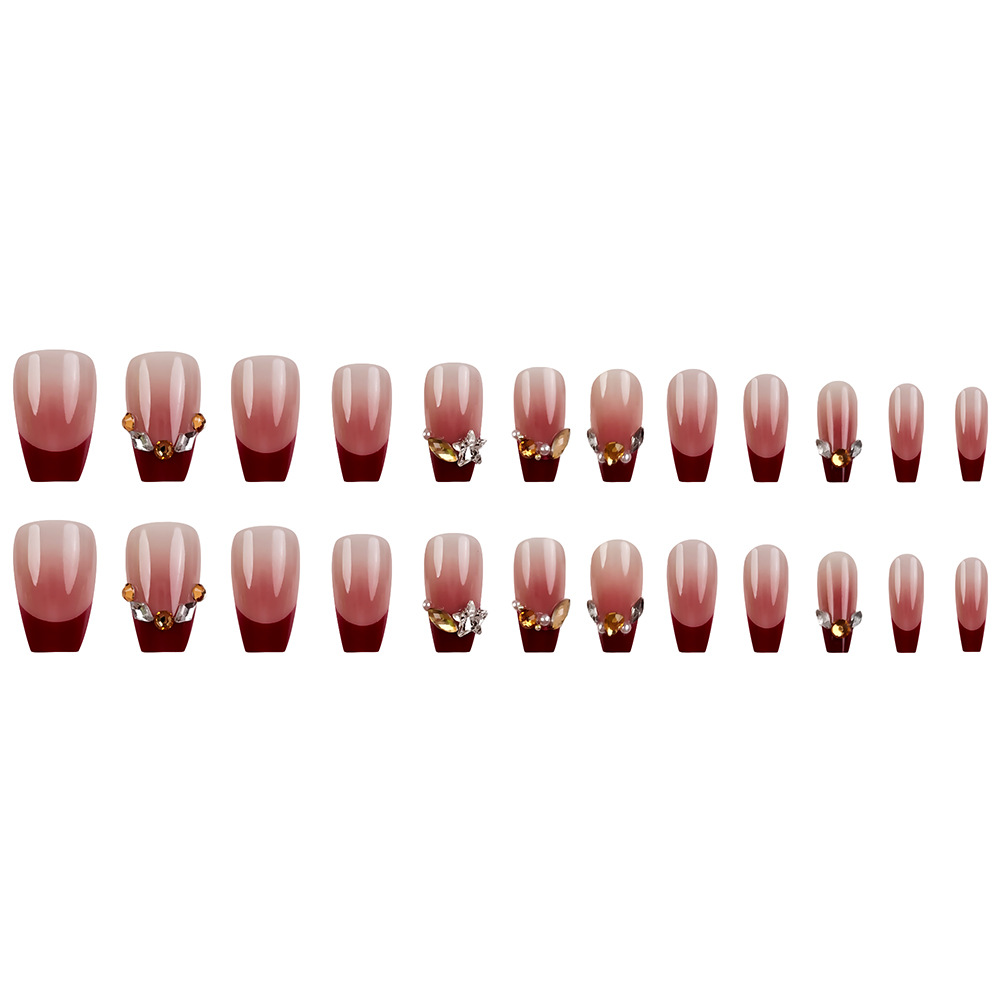 Polvo marrón gradiente de vino rojo de manicura francesa taladro de lujo ambiente ligero para usar un parche de uñas 24 piezas de parche de uñas