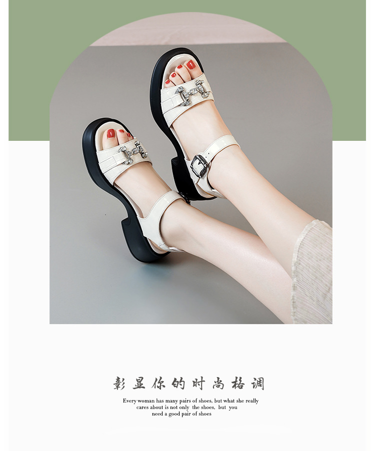 Sandal cao gót nữ da bò đế dày quai ngang đính đá — màu đen chi tiết 2